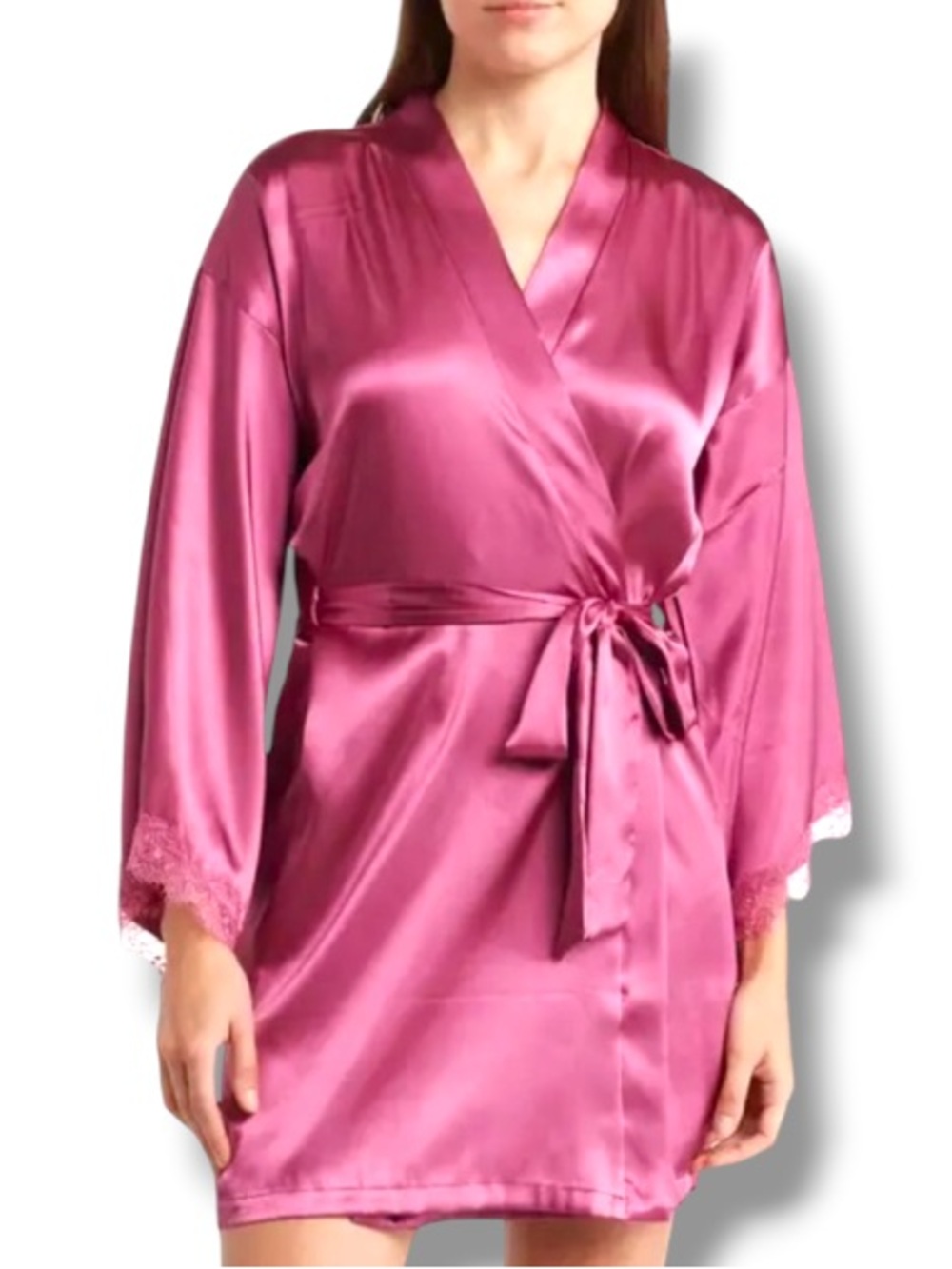 In Bloom by Jonquil Vienna Women’s Solid Lace Trim Sexy Pink Satin Wrap Robe NWT